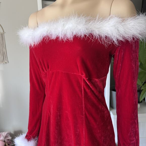 Vintage Fredericks of Hollywood Red Velvet Santa Feather Dress Plus Babydoll Sm - Picture 3 of 8
